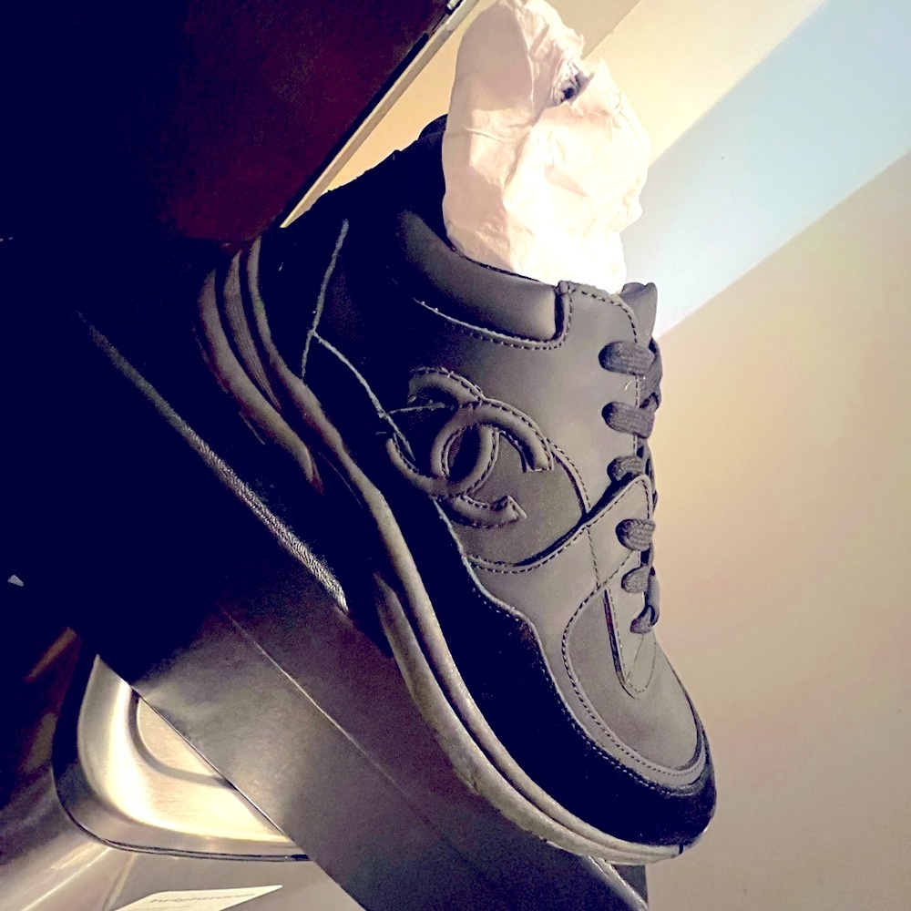 CHANEL Black Leather Logo Sneakers